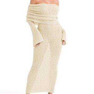 Off-Shoulder Textured Knit Maxi Cover-Up Dress — Cream — L
